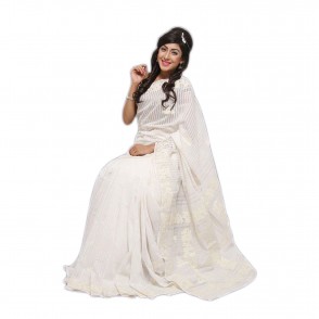 Snow white Classical Handloom silk share from Tangail with tone to tone color embroidery 